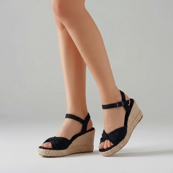 Toms Shoes - TOMS Diana Black Canvas Espadrille Wedge Sandals Women 9.5 Platform 10017931